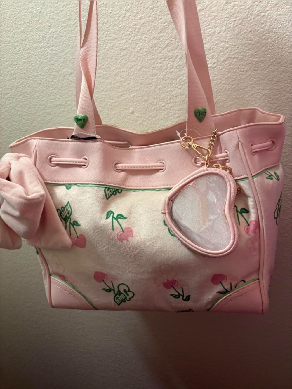 Juicy Couture Pink Cherry Print Tote with Heart Charm